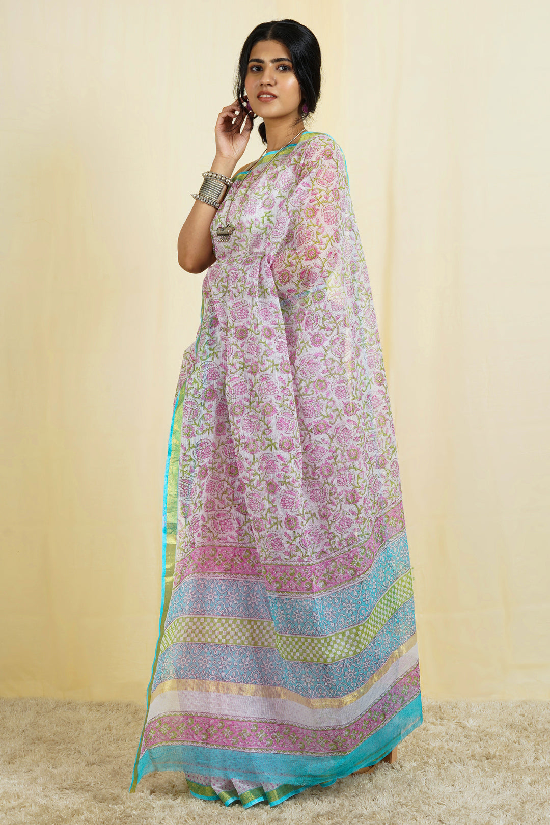 Teejh Udipti Pink Block Print Kota Saree With Blouse Piece
