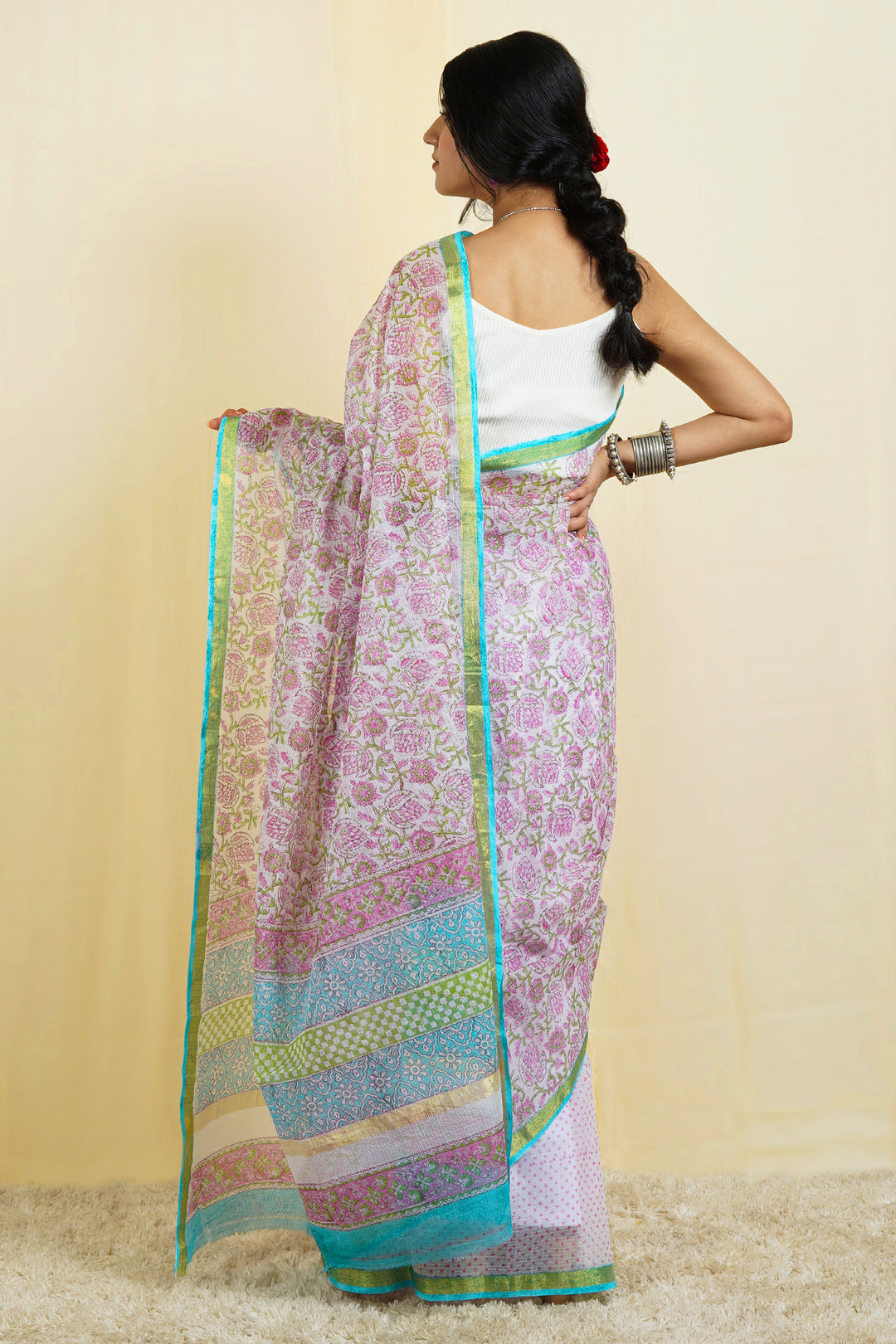 Teejh Udipti Pink Block Print Kota Saree With Blouse Piece