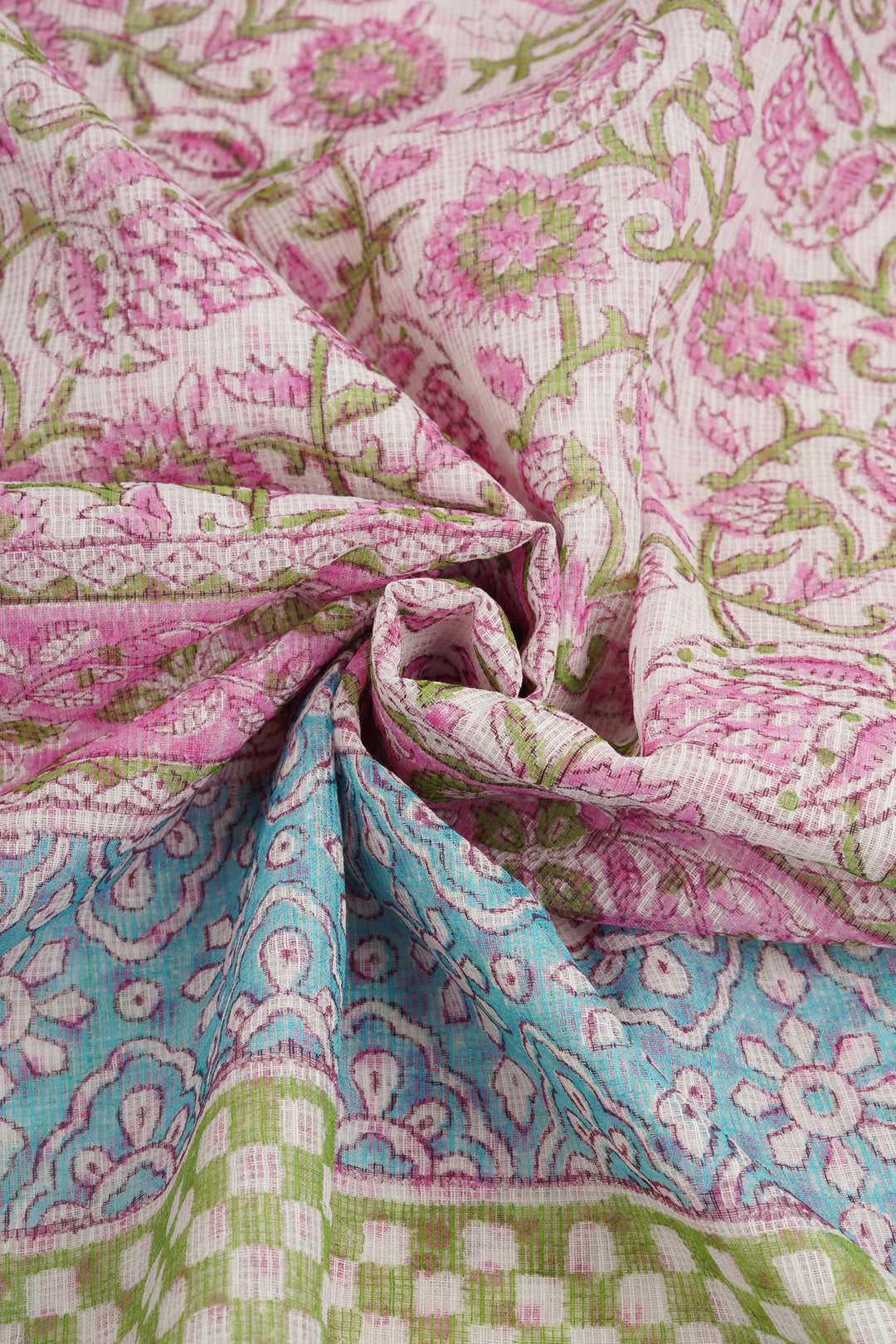 Teejh Udipti Pink Block Print Kota Saree With Blouse Piece