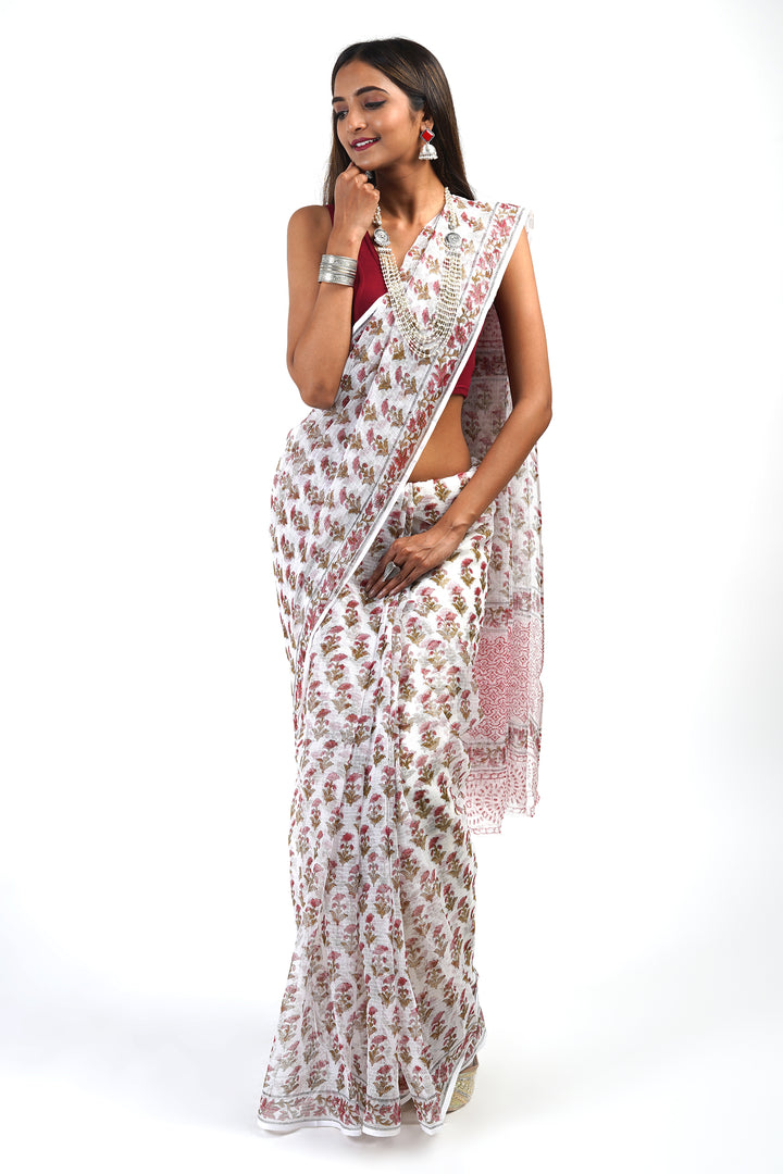 Teejh Vera White and Pink Kota Saree with Blouse Piece