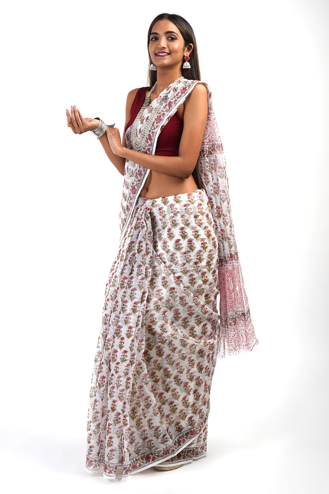 Teejh Vera White and Pink Kota Saree with Blouse Piece