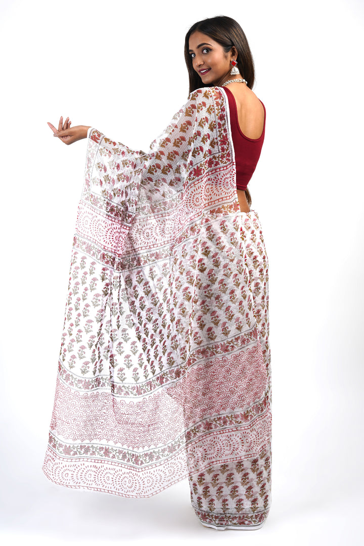Teejh Vera White and Pink Kota Saree with Blouse Piece