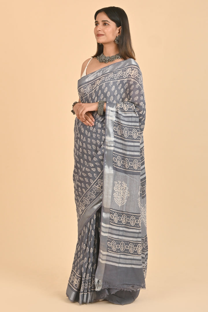 Teejh Kaynat Grey Linen Saree with Blouse Piece