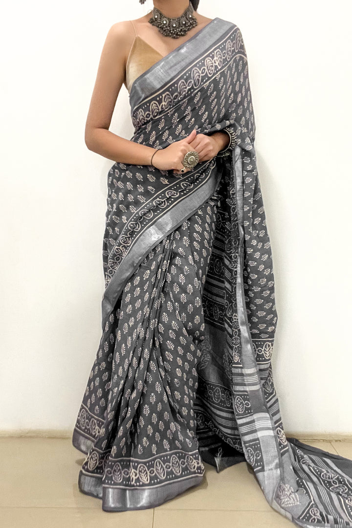 Teejh Kaynat Grey Linen Saree with Blouse Piece