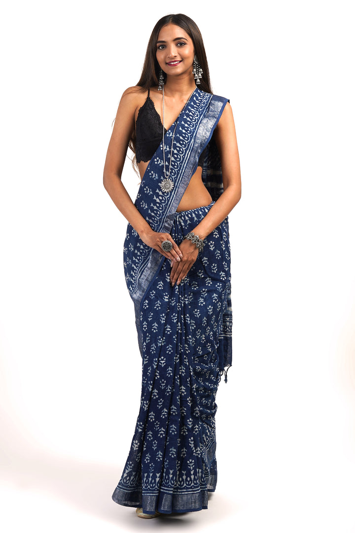 Teejh Shaniya Indigo Linen Saree with Blouse Piece.
