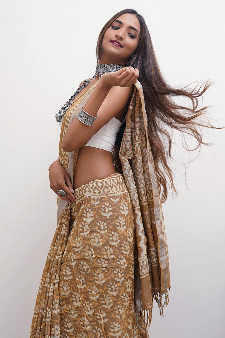 Teejh Prisha Mustard Linen Saree with Blouse Piece.