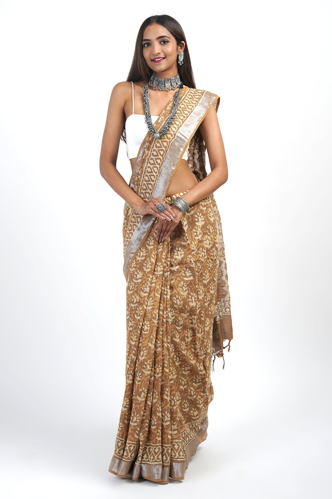 Teejh Prisha Mustard Linen Saree with Blouse Piece.