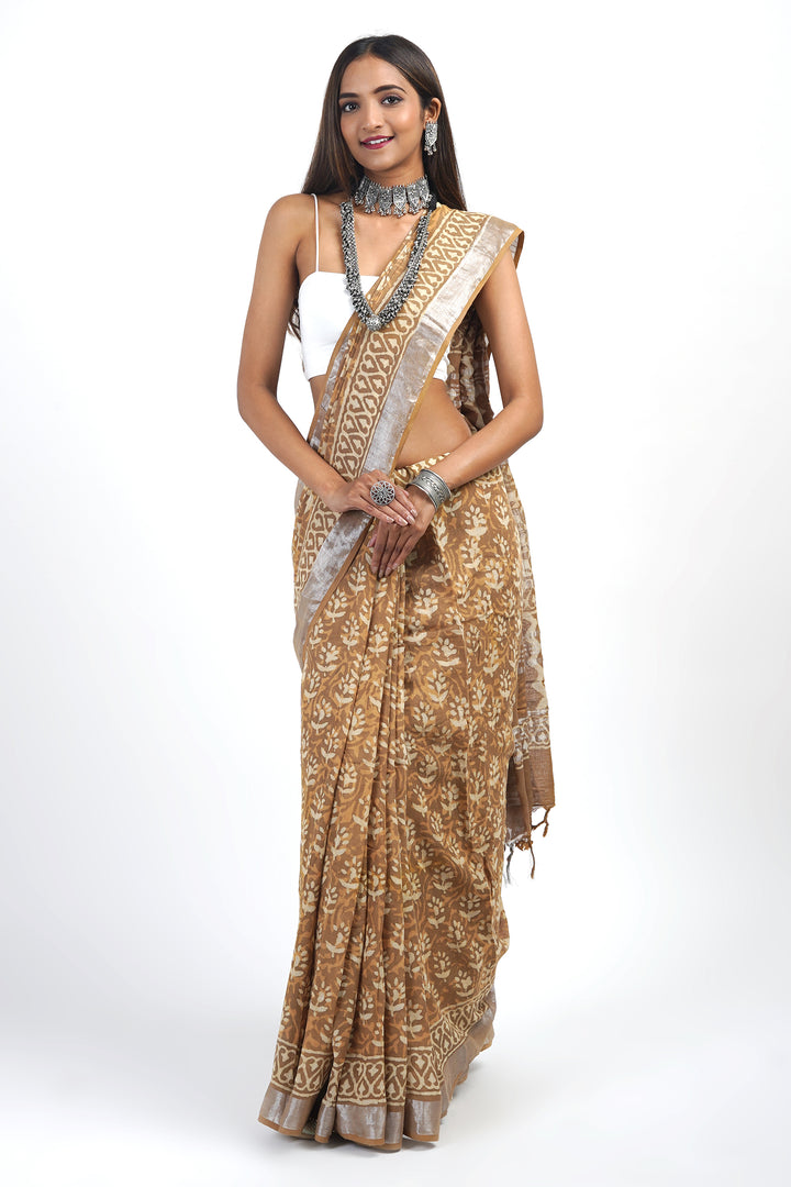 Teejh Prisha Mustard Linen Saree with Blouse Piece.