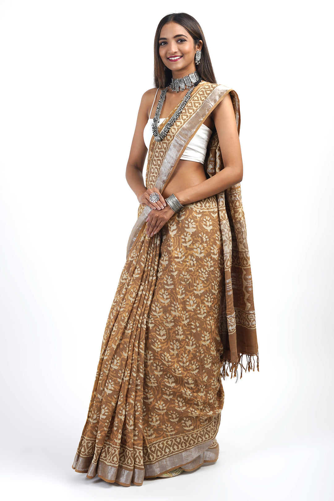 Teejh Prisha Mustard Linen Saree with Blouse Piece.