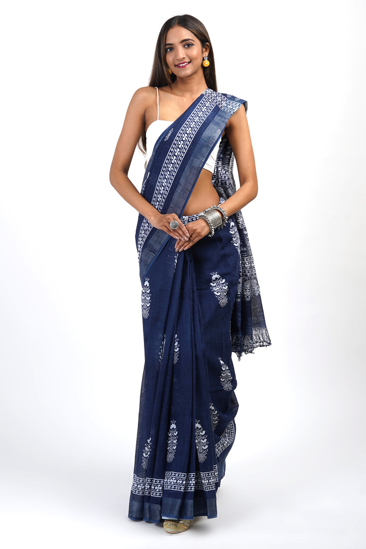 Teejh Imara Dark Blue Block Print Linen Saree With Blouse Piece