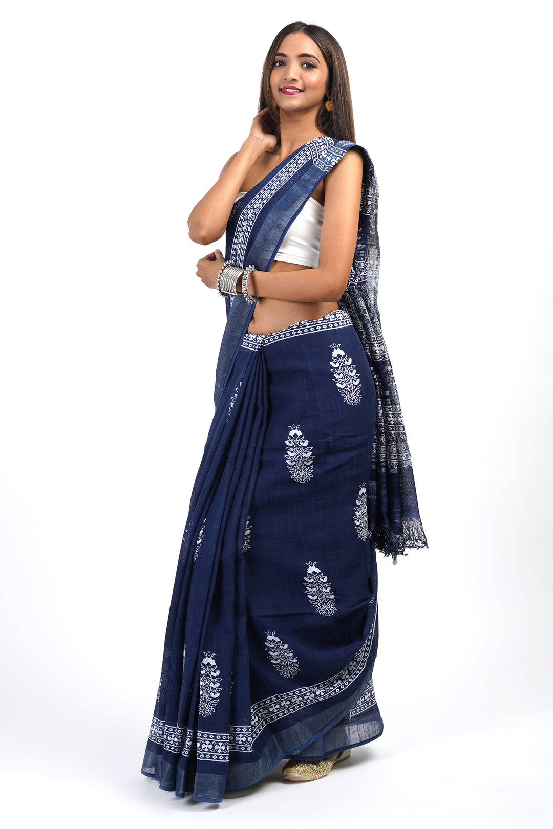 Teejh Imara Dark Blue Block Print Linen Saree With Blouse Piece