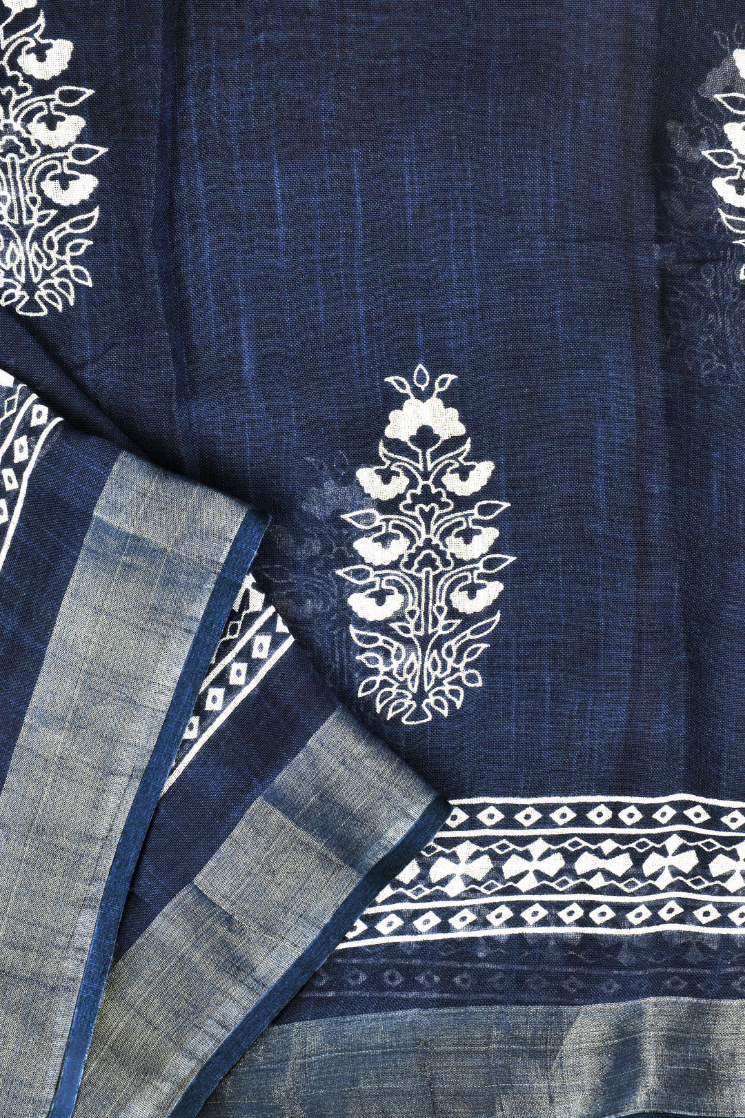 Teejh Imara Dark Blue Block Print Linen Saree With Blouse Piece