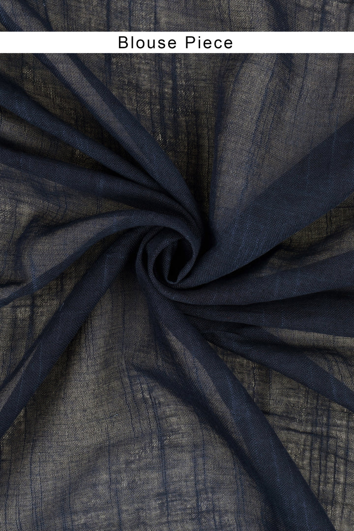 Teejh Imara Dark Blue Block Print Linen Saree With Blouse Piece