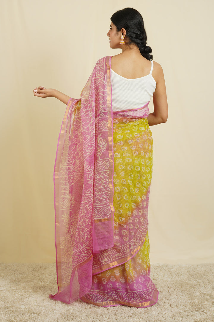 Teejh Aashika Pink and Lime Yellow Block Print Kota Saree With Blouse Piece