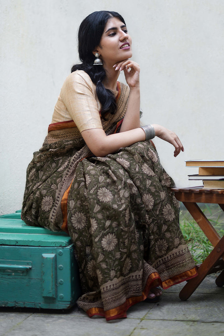Teejh Bhumi Olive Green Block Print Kota Saree With Blouse Piece