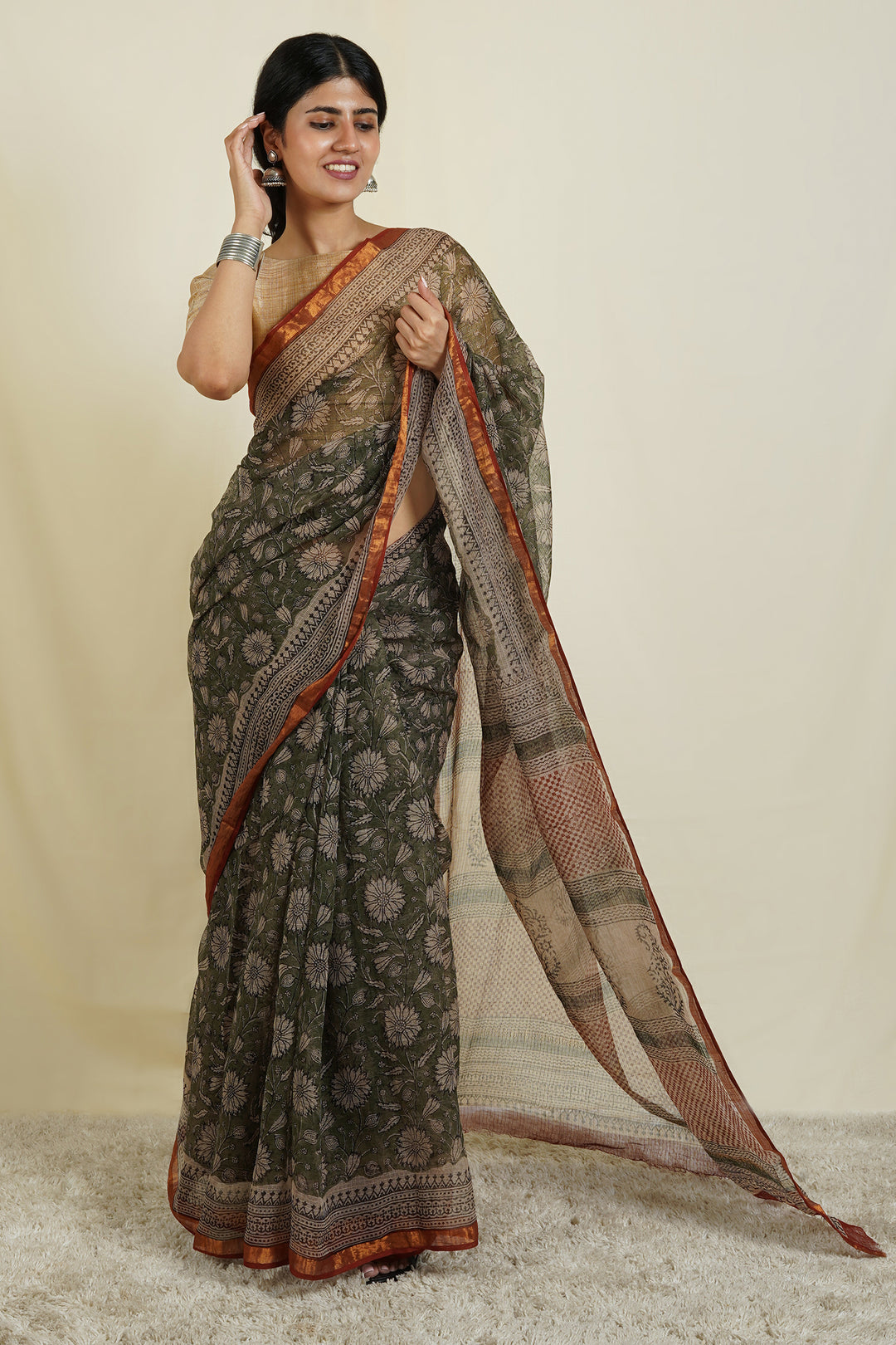Teejh Bhumi Olive Green Block Print Kota Saree With Blouse Piece