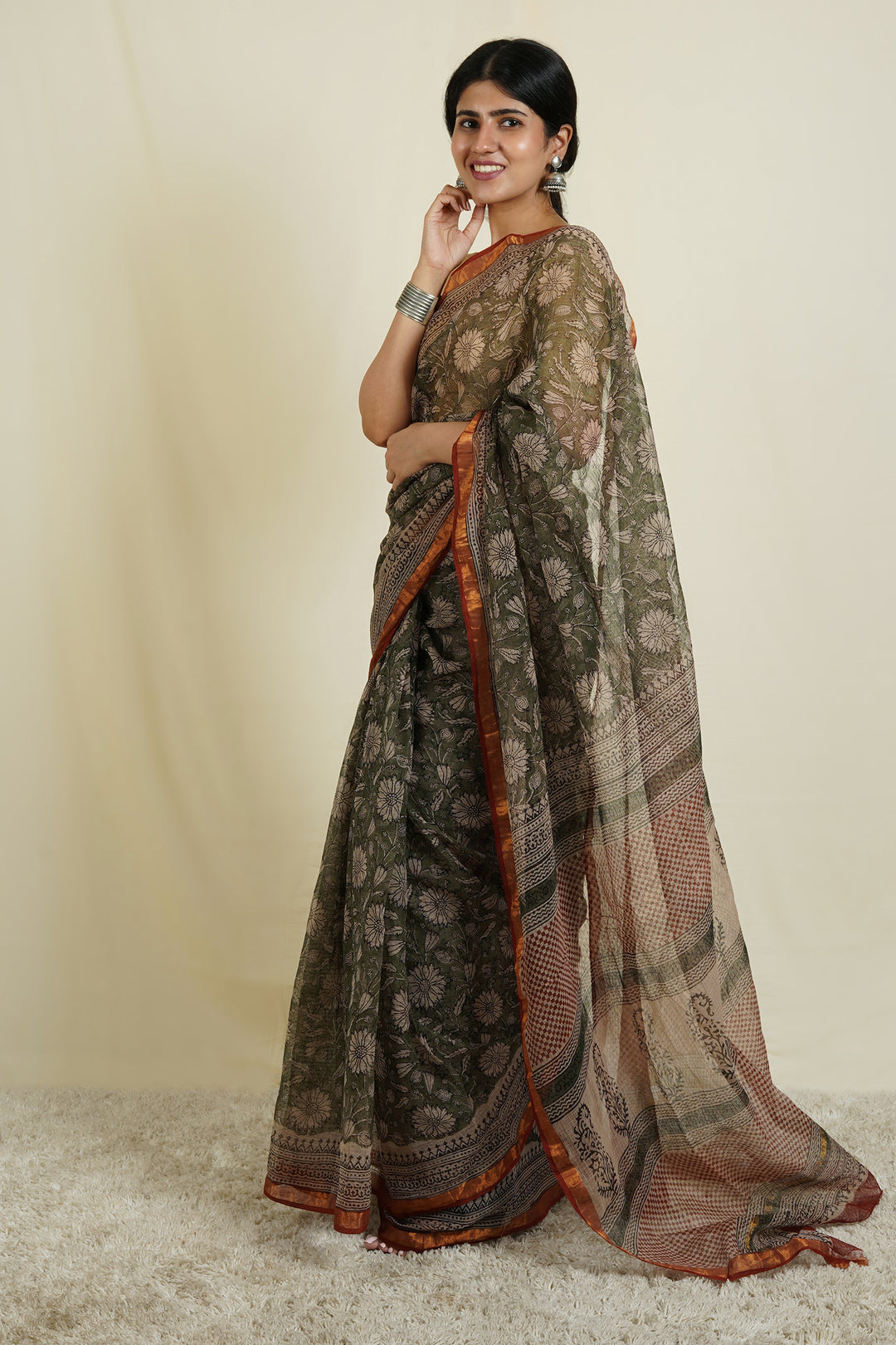 Teejh Bhumi Olive Green Block Print Kota Saree With Blouse Piece