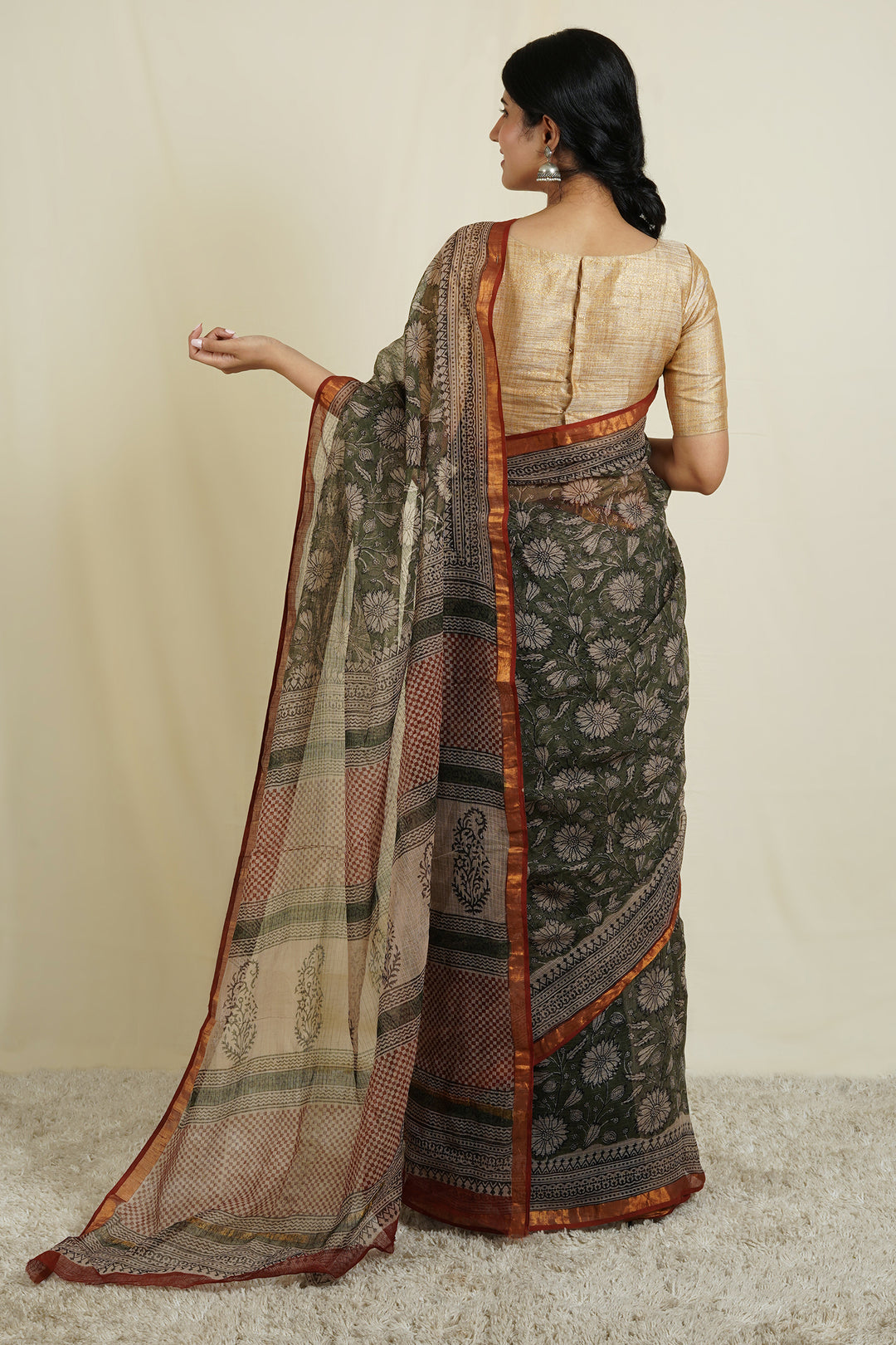 Teejh Bhumi Olive Green Block Print Kota Saree With Blouse Piece