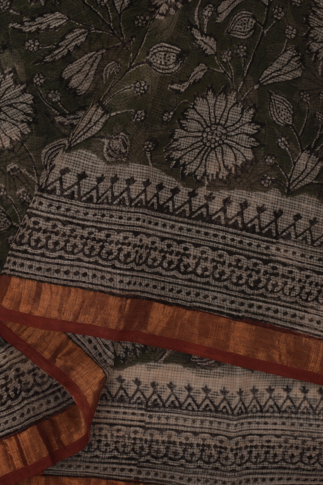 Teejh Bhumi Olive Green Block Print Kota Saree With Blouse Piece