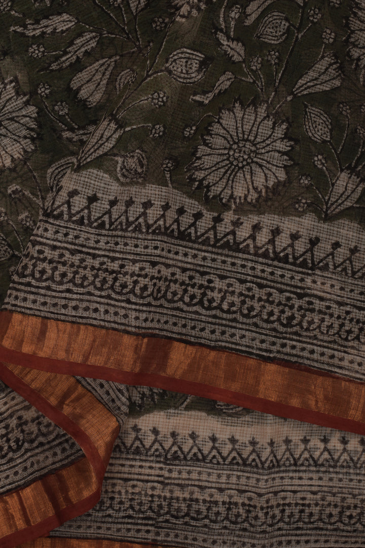 Teejh Bhumi Olive Green Block Print Kota Saree With Blouse Piece