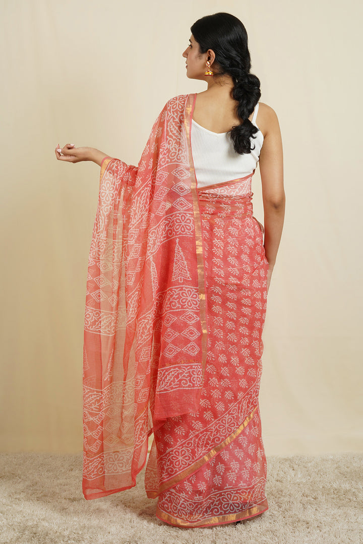Teejh Warda Peach and White Block Print Kota Saree With Blouse Piece