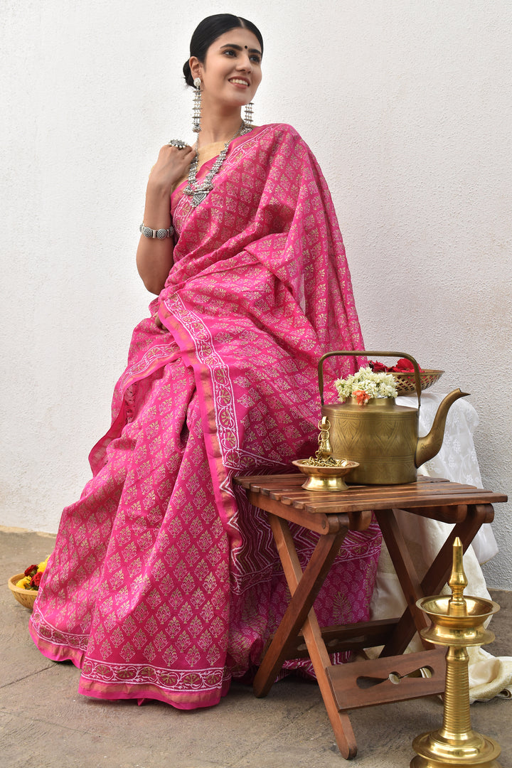 Teejh Tavisa Block Print Chanderi Silk Saree with Blouse Piece
