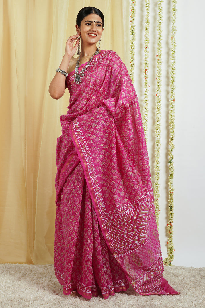 Teejh Tavisa Block Print Chanderi Silk Saree with Blouse Piece