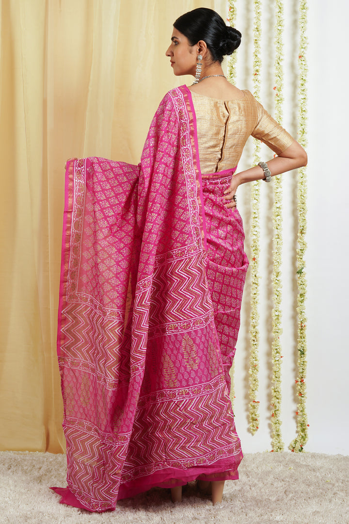 Teejh Tavisa Block Print Chanderi Silk Saree with Blouse Piece