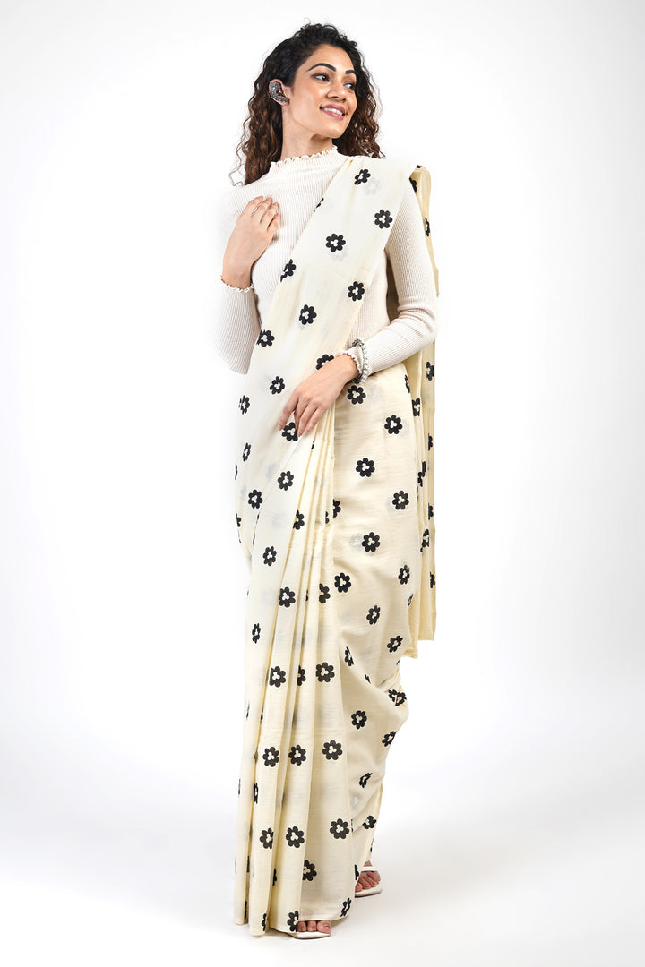 Teejh Arya Black and Cream Cotton Saree with Blouse Piece