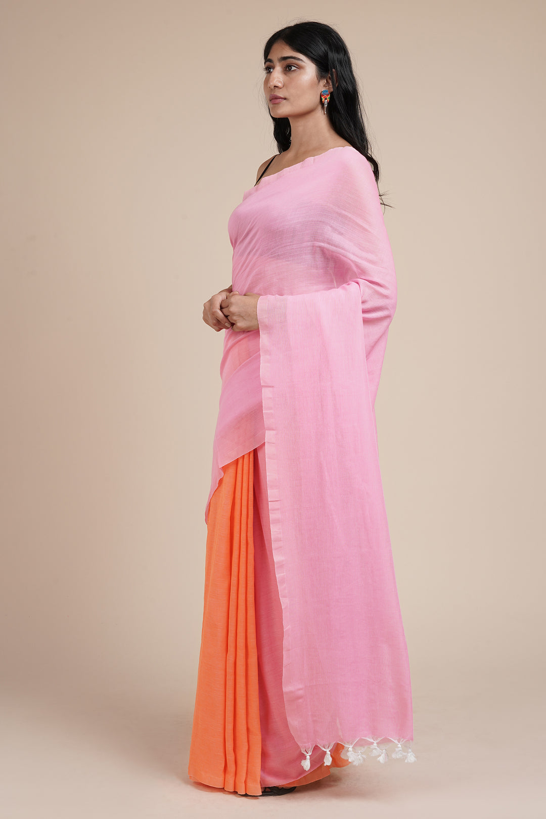 Teejh Iqra Pink &amp; Orange Mulmul Saree