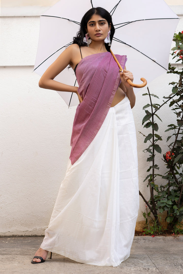 Teejh Iqra Onion Pink &amp; White Mulmul Saree