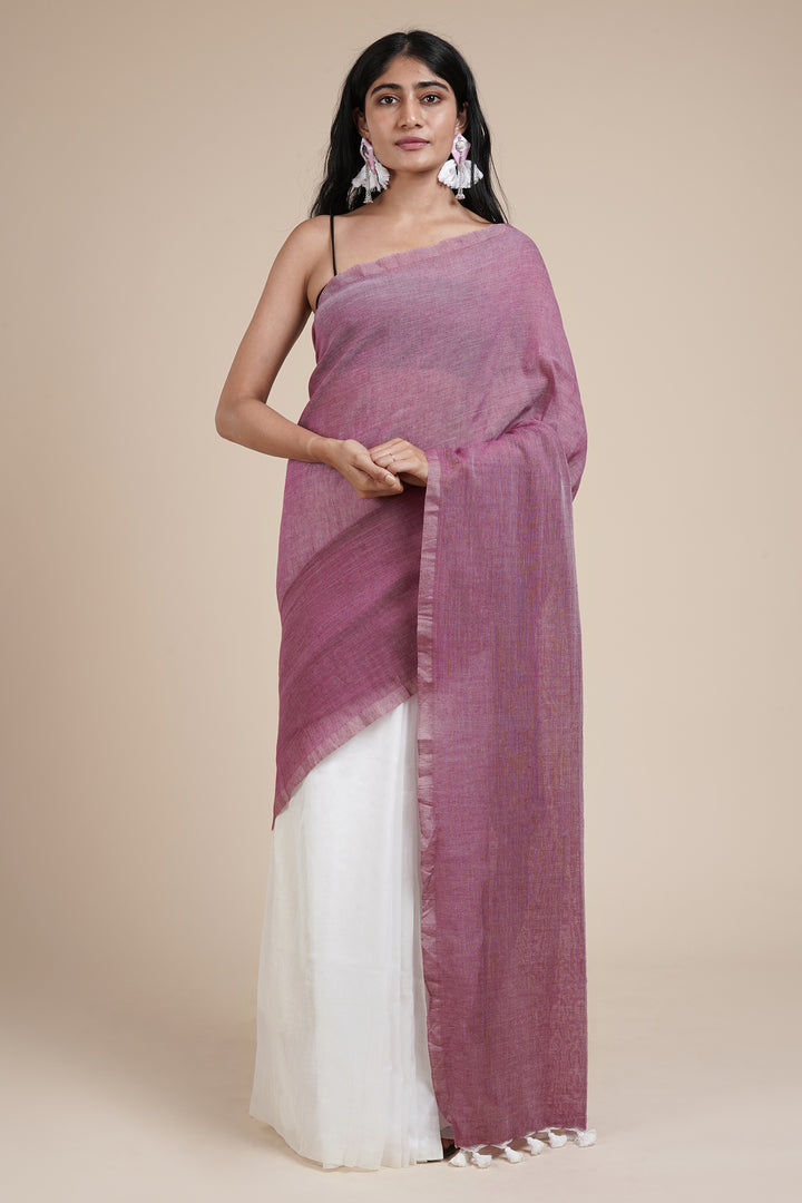 Teejh Iqra Onion Pink &amp; White Mulmul Saree