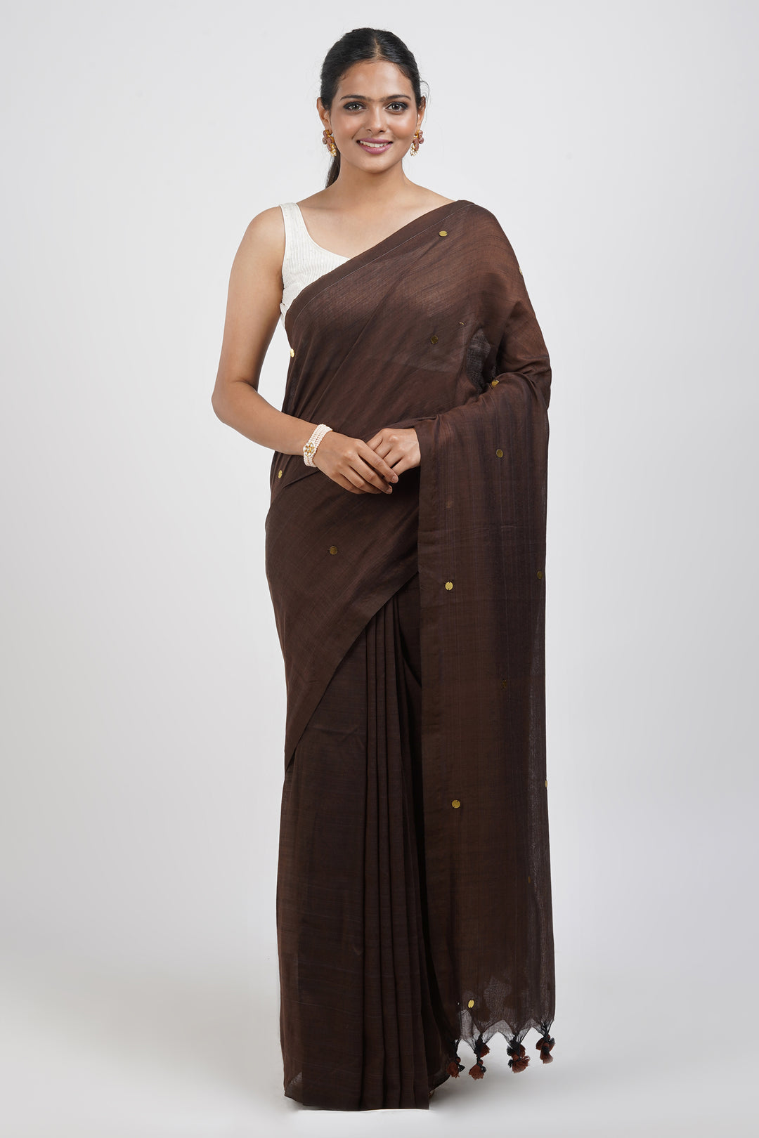 Teejh Savali Brown Mulmul Saree