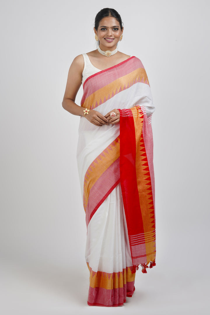 Teejh Aachal White &amp; Red Soft Cotton saree