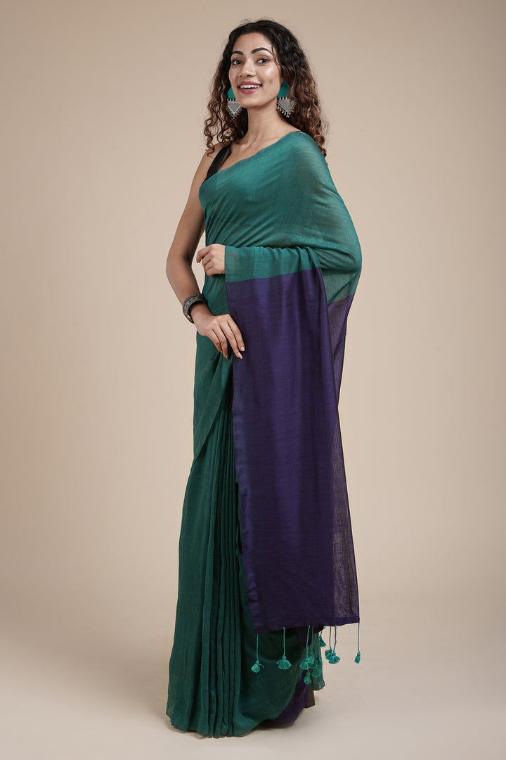 Teejh Pine Green and Blue Mulmul Cotton Saree