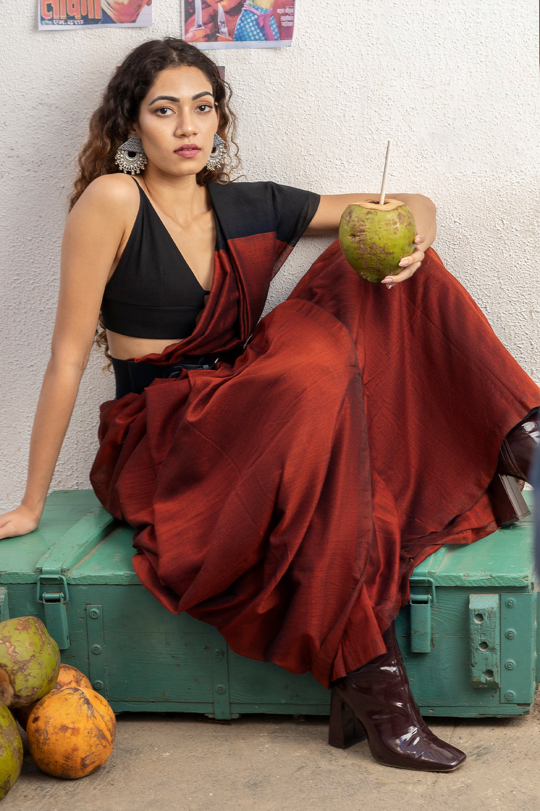 Teejh Varuni Rust Orange &amp; Black Mulmul Saree