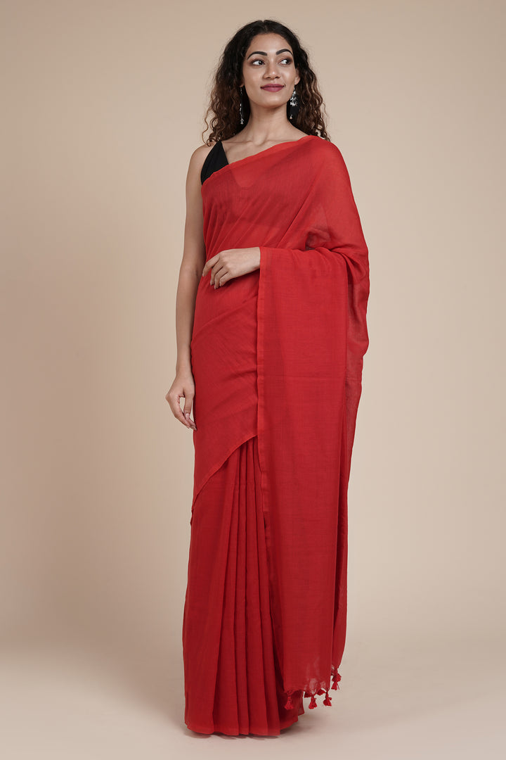 Teejh Takshi Red Mulmul Saree