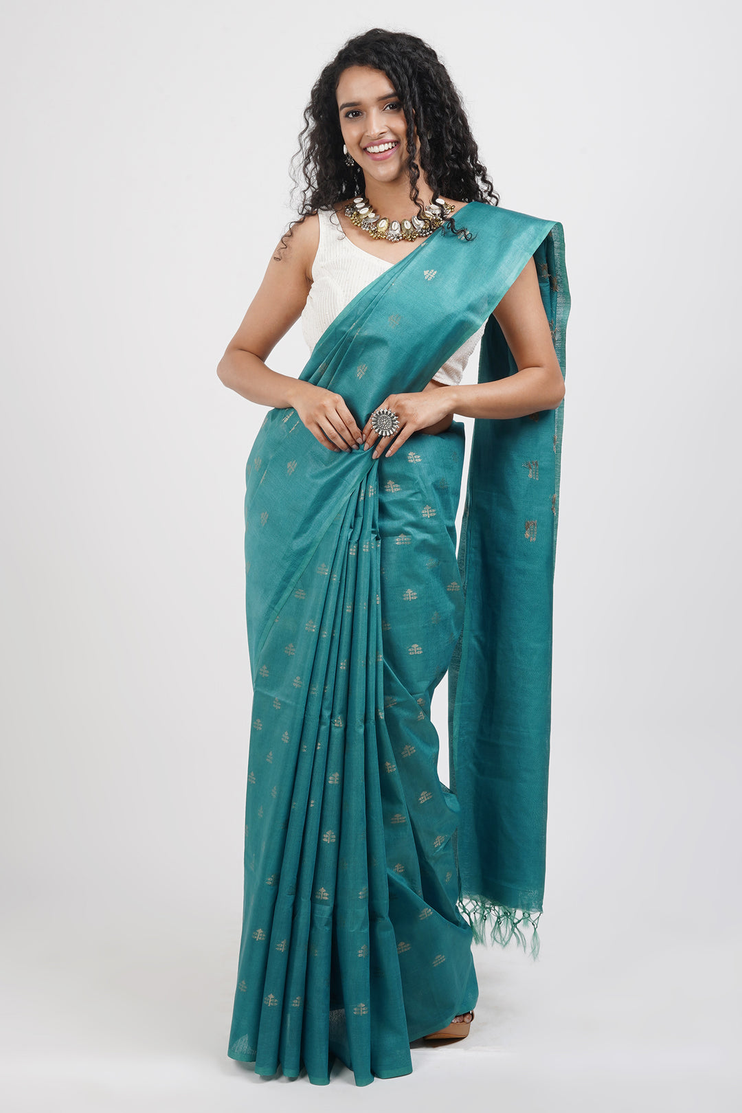 Teejh Lasya Turquoise Cotton Silk Saree