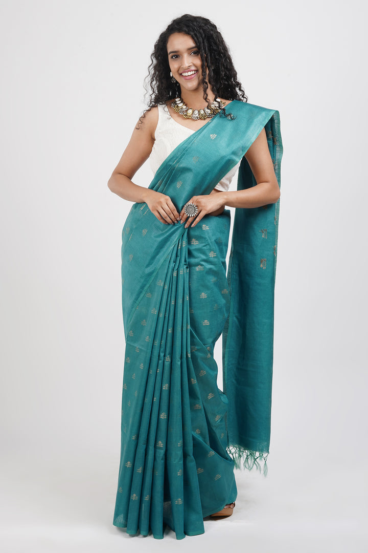 Teejh Lasya Turquoise Cotton Silk Saree