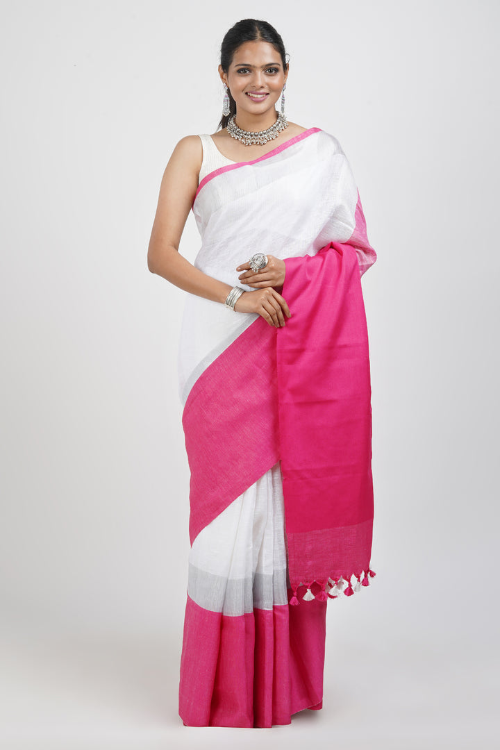 Teejh Laboni White &amp; Pink Linen Saree