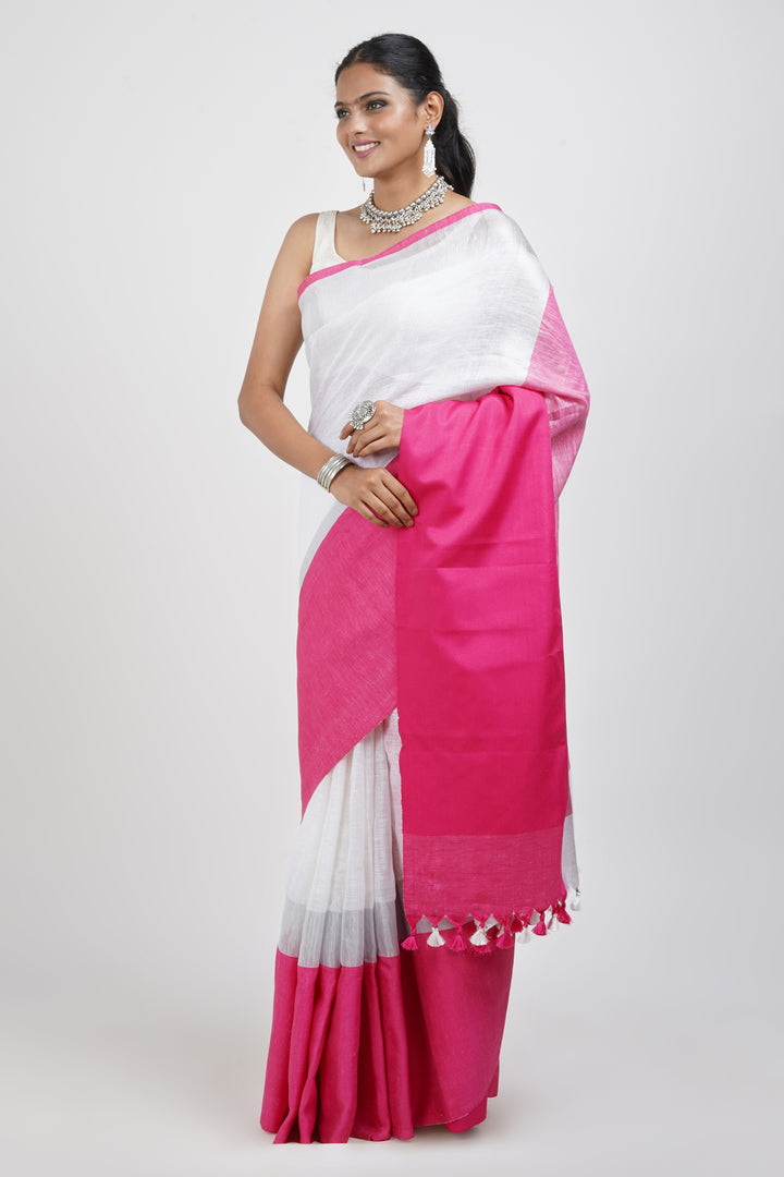Teejh Laboni White &amp; Pink Linen Saree