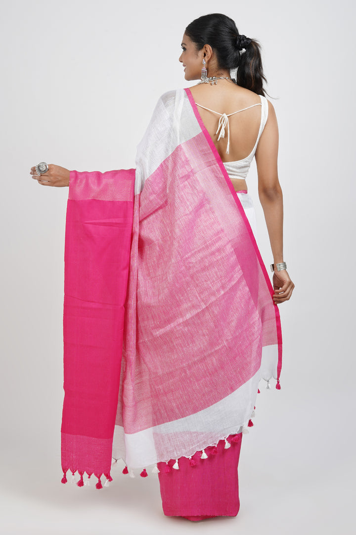Teejh Laboni White &amp; Pink Linen Saree