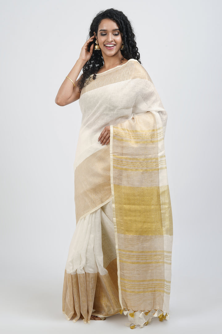 Teejh Laboni White &amp; Gold Linen Saree