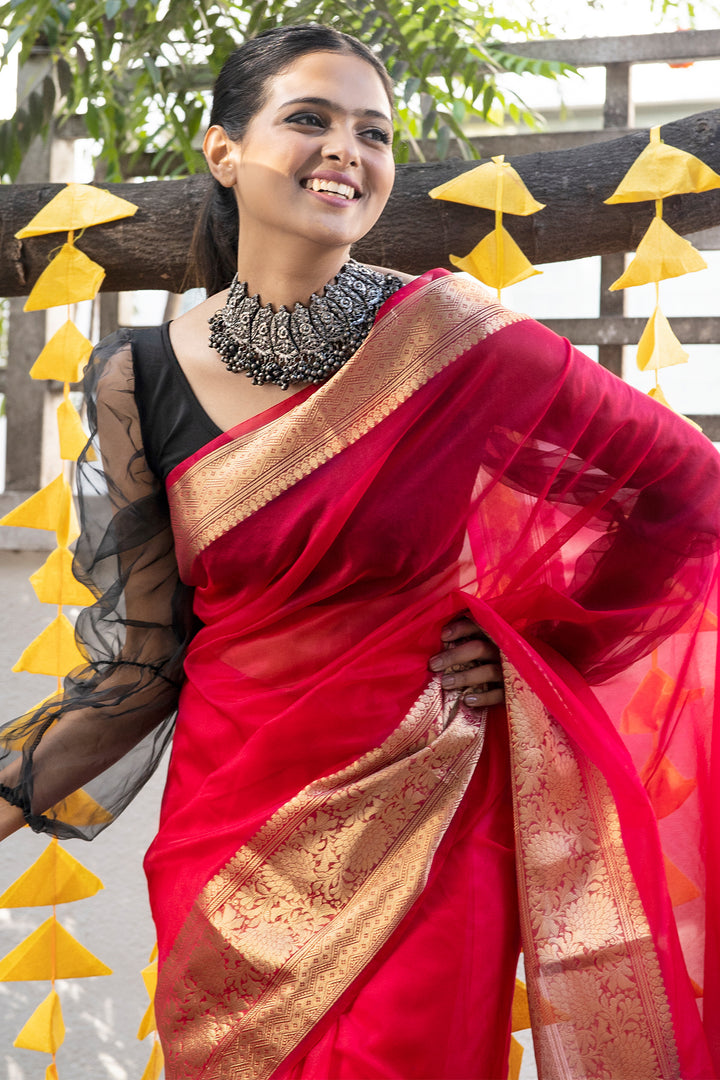Teejh Zunaira Red Organza Saree