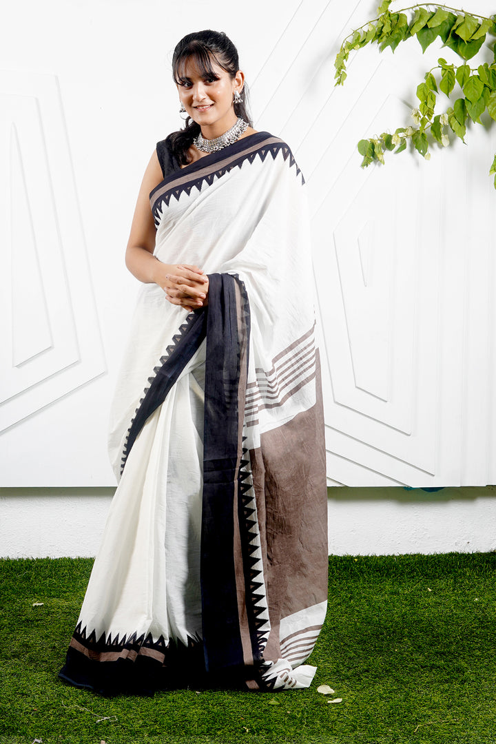 Teejh Moonlight White &amp; Brown Print Mulmul Cotton Saree