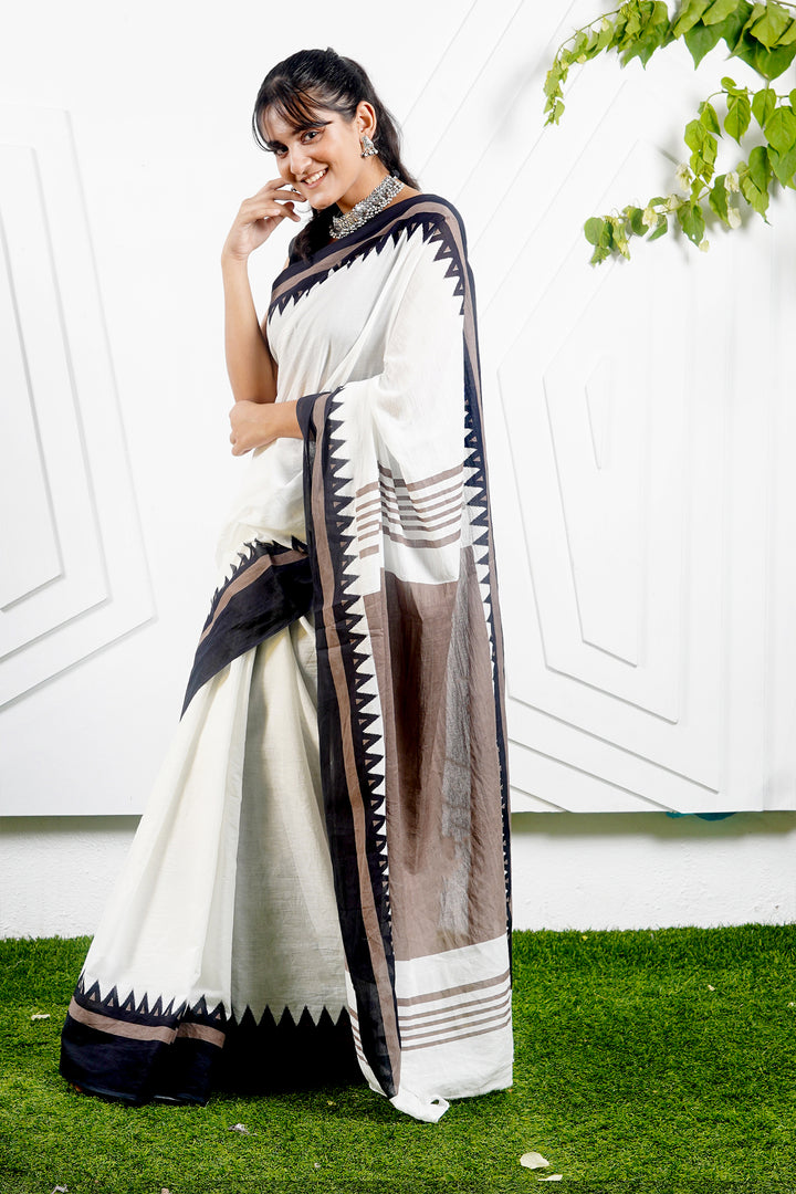 Teejh Moonlight White &amp; Brown Print Mulmul Cotton Saree