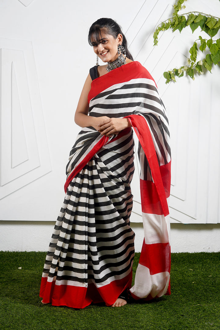 Teejh Innayat Black &amp; Red Stripes Print Mulmul Cotton Saree