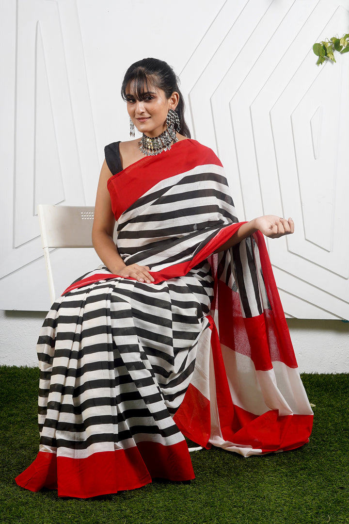 Teejh Innayat Black &amp; Red Stripes Print Mulmul Cotton Saree