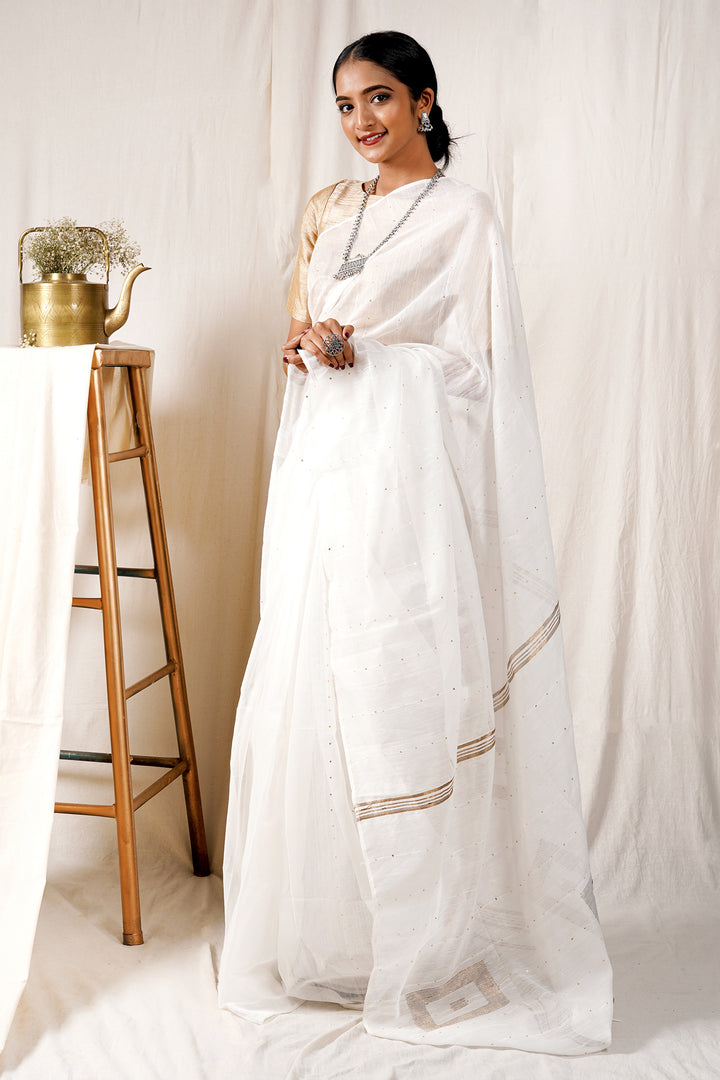 Teejh Snowfall White Box Handloom Sequin Saree