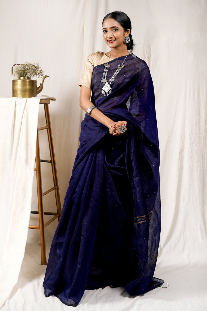 Teejh Indigo Blue Box Handloom Sequin Saree